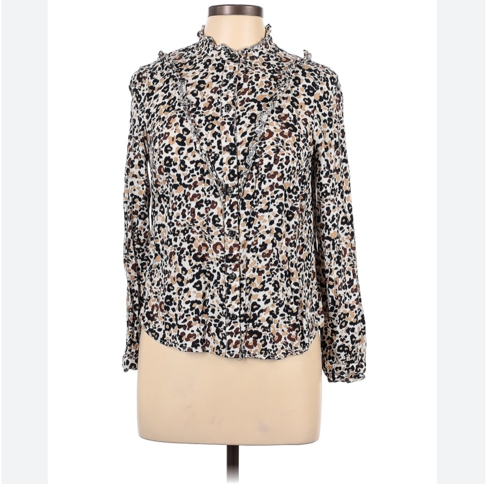 Anthropologie Maeve Katia long sleeve leopard button down ruffles top. Sz 12